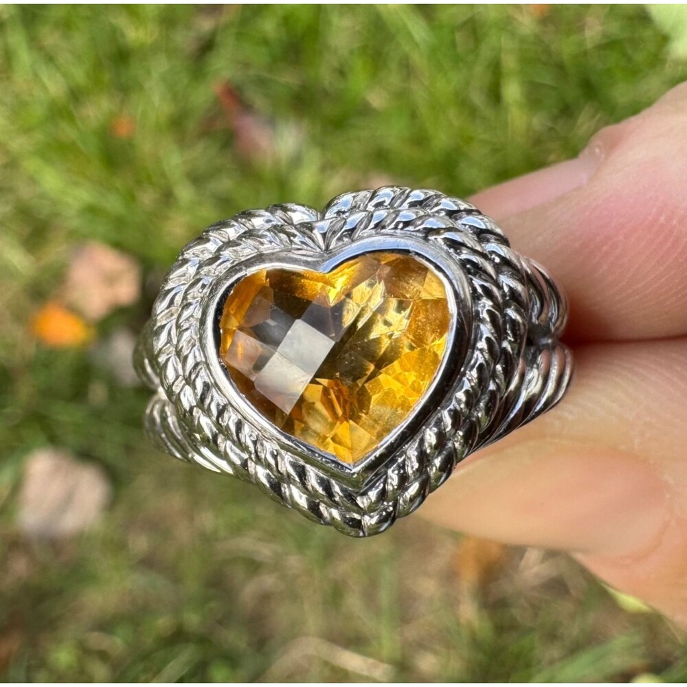 VINTAGE JUDITH RIPKA STERLING SILVER CITRINE HEART RING Size 8 Statement Jewelry